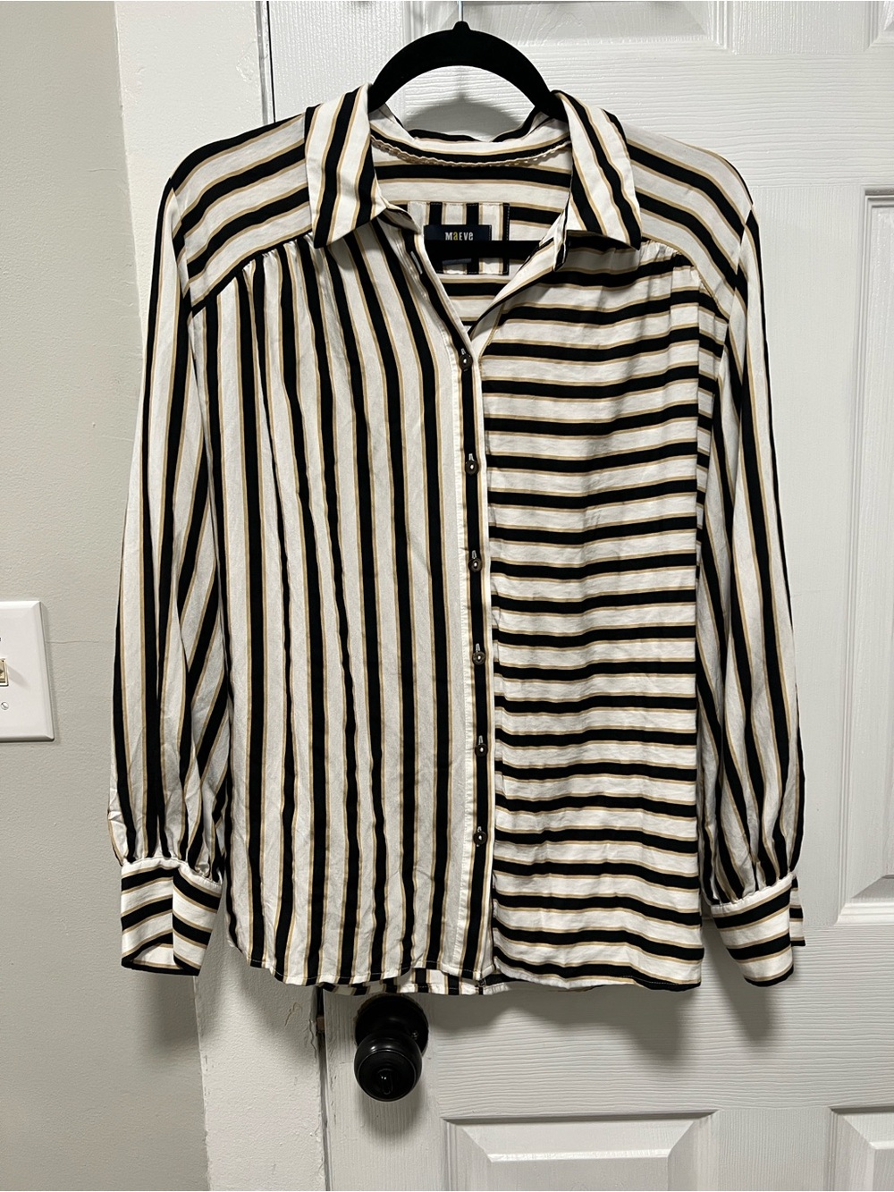 Anthropologie Black White and Gold Stripe Button-Down Shirt